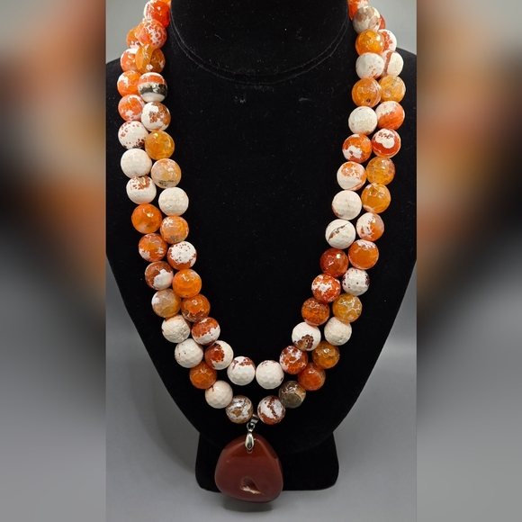 Unsigned Jewelry - Chunky Carnelian Snakeskin Agate w/Druzy Inclusion Heavy 296g  20" Long